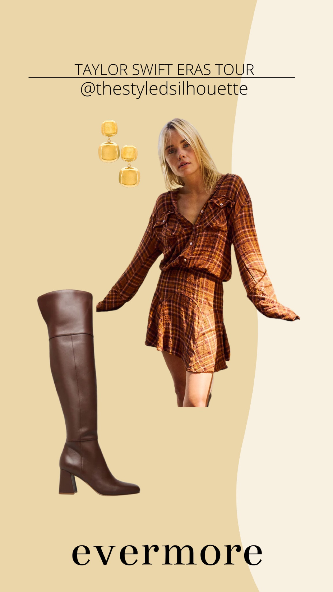 Taylor swift eras tour// evermore// Brown plaid dress// brown over the knee boots// gold retro earrings

#LTKSeasonal #LTKstyletip