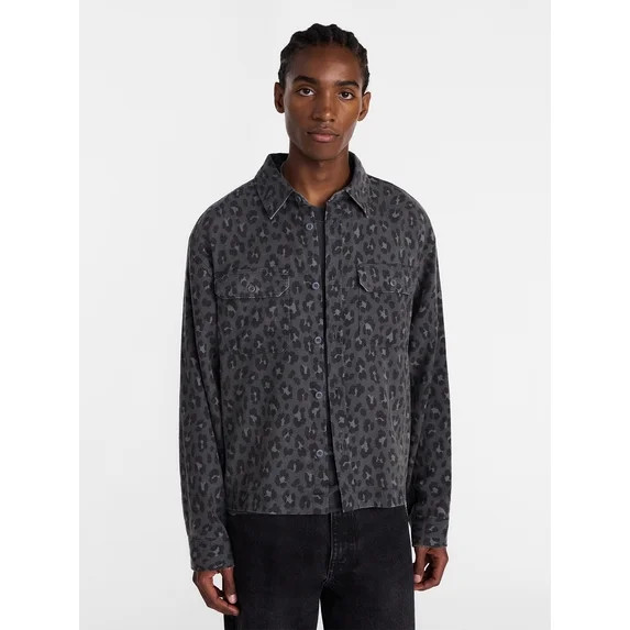 No Boundaries Cotton Boxy Cropped Fit Printed Flannel Shirt with Long Sleeves, Men's XS-5XB | Walmart (US)