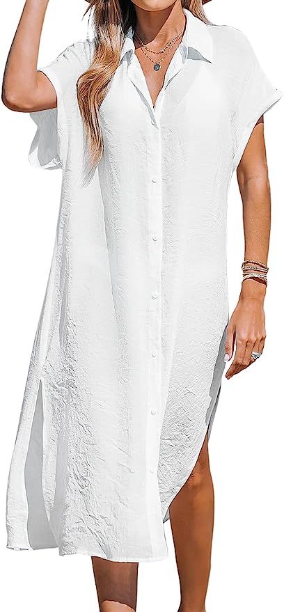 CUPSHE Women Buttoned Cover-Up Shirt Dress Summer Short Sleeve Split Midi Dresses | Amazon (US)
