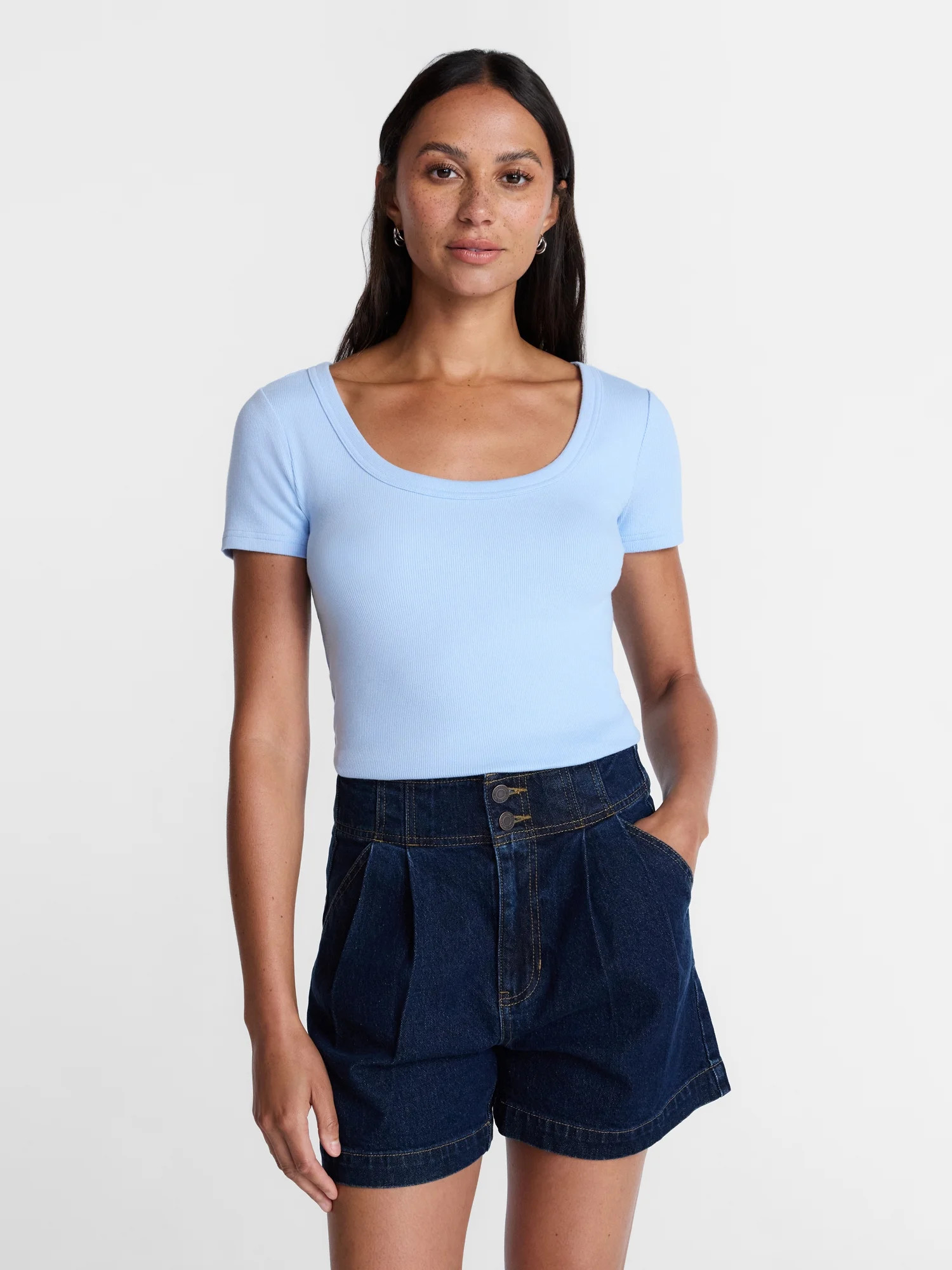 Time and Tru Women's Ribbed Scoop Neck Tee with Short Sleeves, Sizes XS-XXXL | Walmart (US)