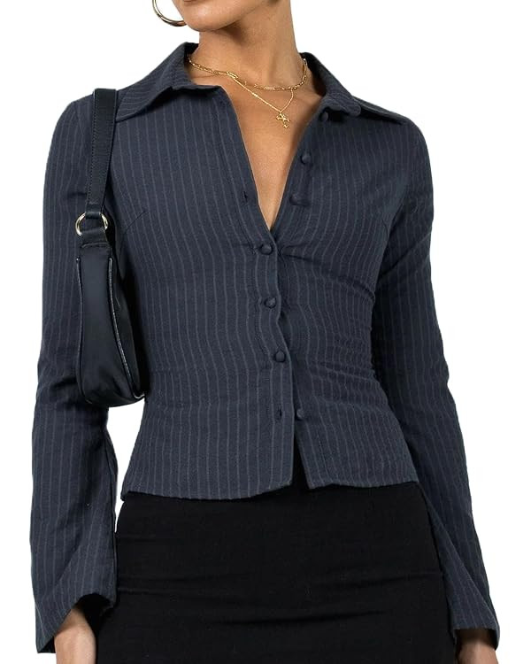 Women Pinstripe Shirt Flared Long Sleeves Button Down Fitted Crop Shirts Blouses Business Casual ... | Amazon (US)