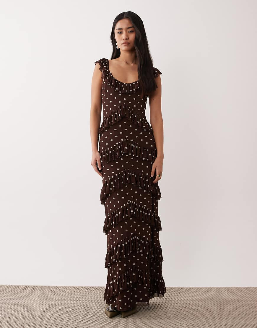 Pretty Lavish mesh ruffle tiered maxi dress in brown polka dot | ASOS (Global)