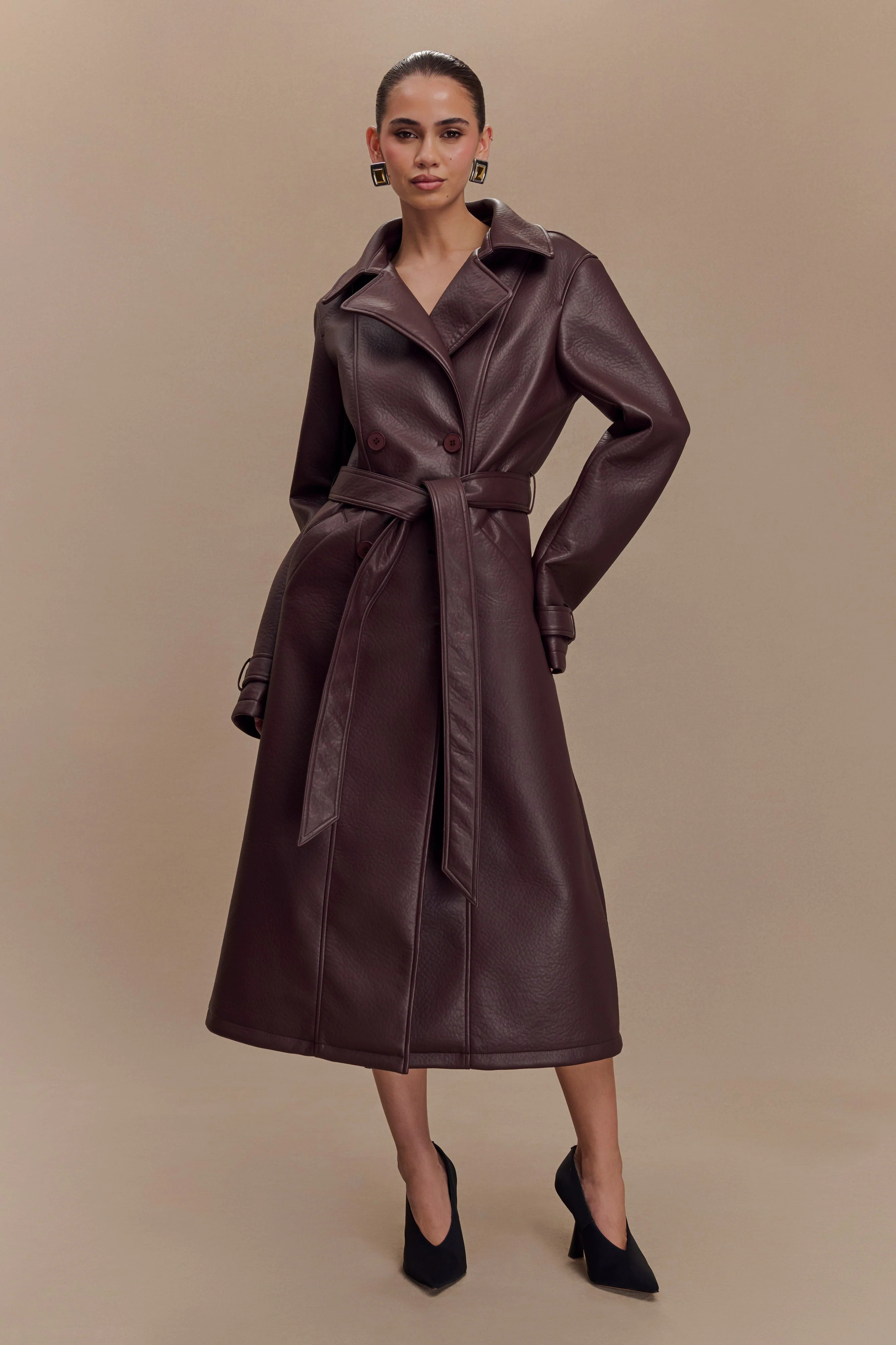 Tarah Faux Leather Trench Coat - Cacao Brown | MESHKI US