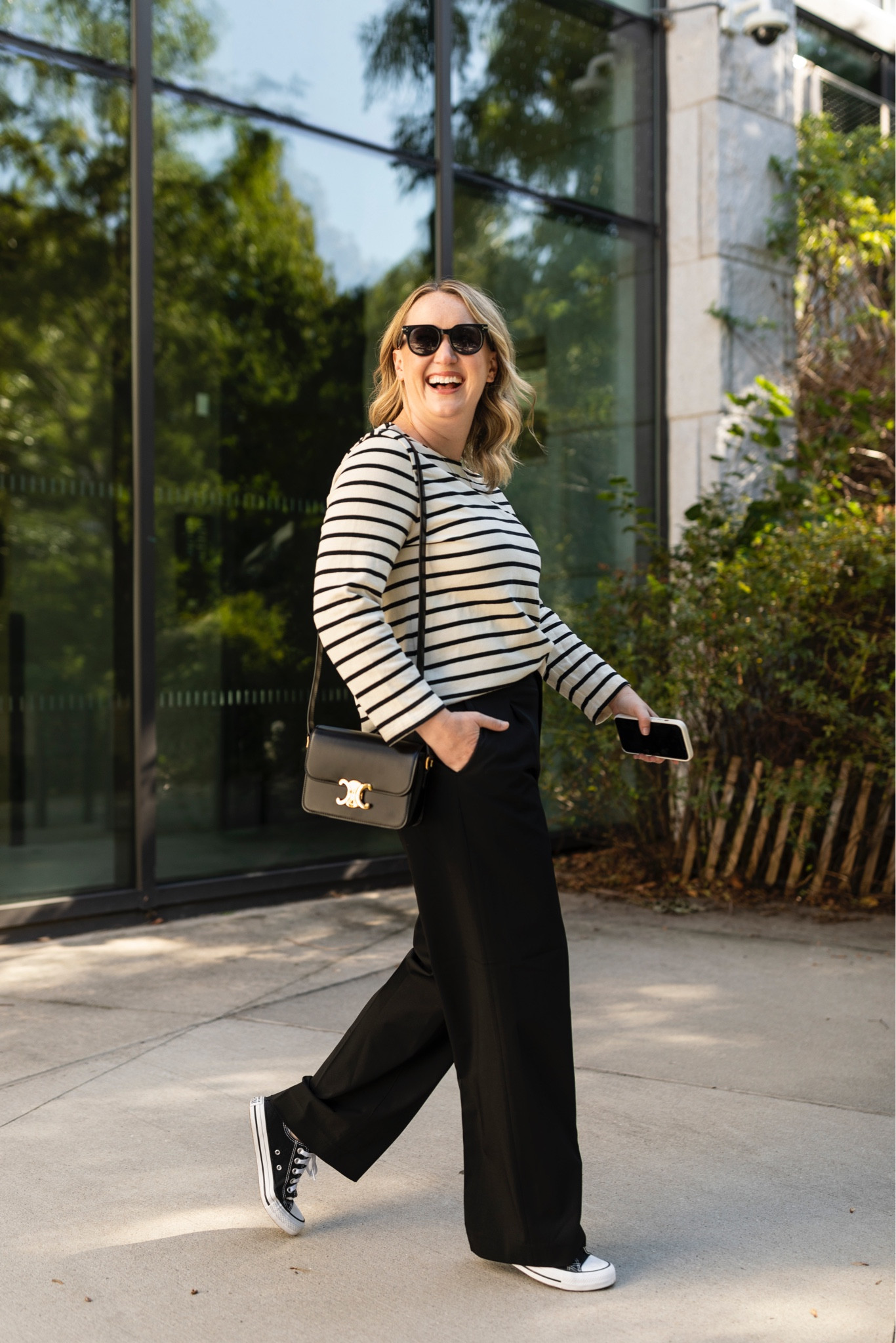Casual style featuring striped tee (M) and wide leg trousers (M)
And converse sneakers
Celine teen bag triomphe 

#LTKSeasonal #LTKunder100