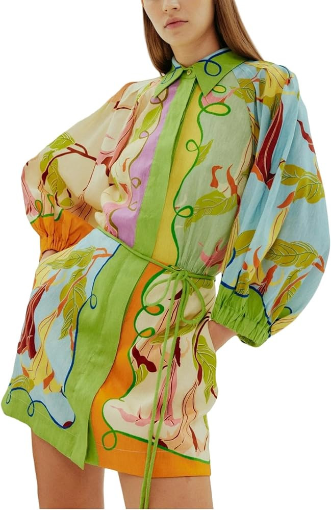 Summer Shirt Dress for Women Puff Sleeves Floral Printed Button Down Mini Dresses with Belt | Amazon (US)