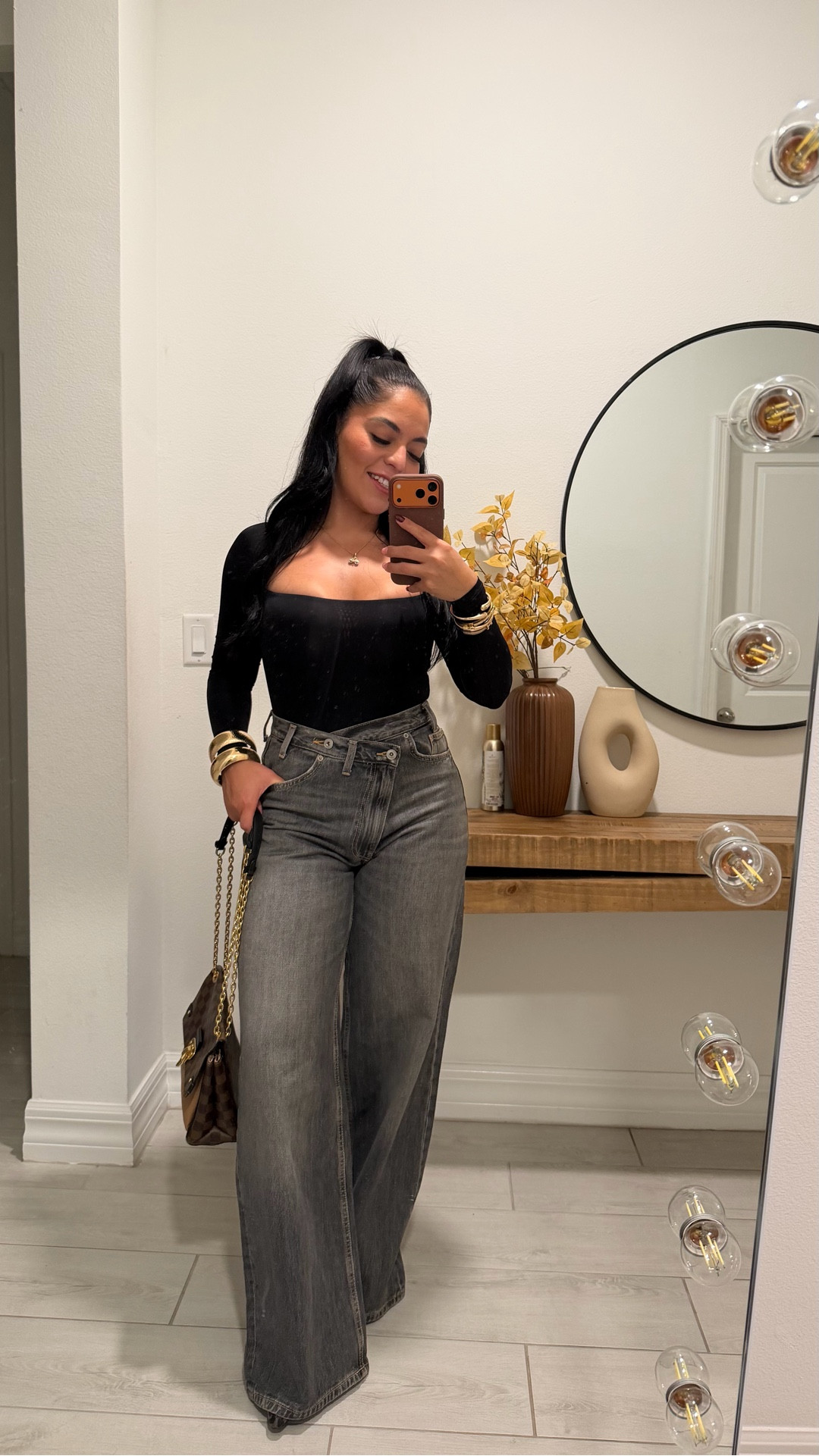 Jeans are from Zara I’m wearing a size 38 which is a 6 USA has not stretch at all. search for: 
HIGH WAIST CROSSOVER WAIST
WIDE LEG JEANS
ANTHRACITE GREY - REF. 4365/232 
Also I have the similar one from commense and it’s just as good as the one from Zara. Love both 