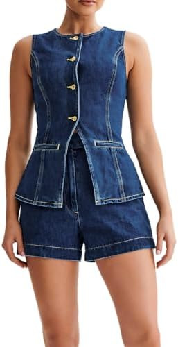 Womens Denim 2 Piece Set Sleeveless Button Down Vest Tops Short Pants Suit Sets | Amazon (US)