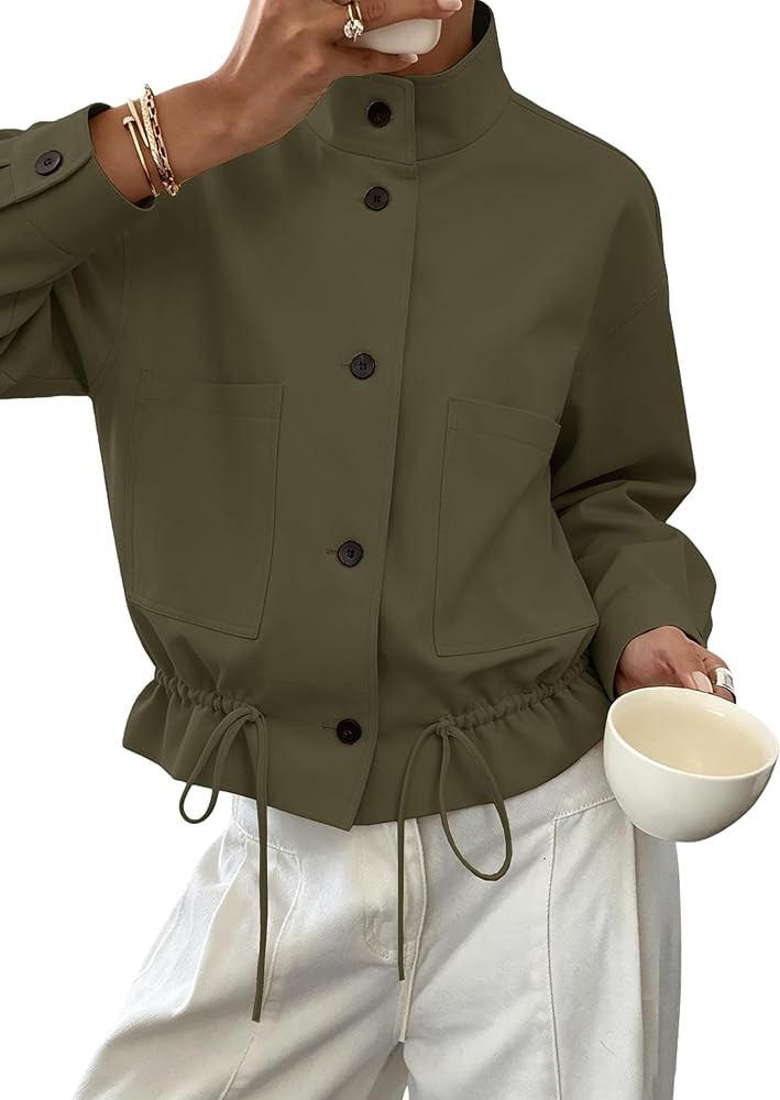 Womens Funnel Neck Jackets Fall Casual Ruffle Hem Cropped Coats | Amazon (US)