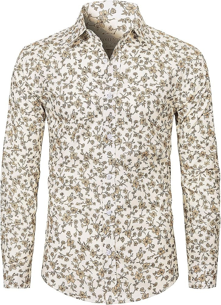 fohemr Mens Floral Shirt Casual Button Down Long Sleeve Flower Printed Shirt 100% Cotton | Amazon (US)