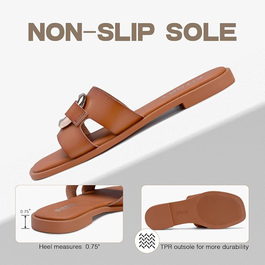 FITORY Women's Flat Sandals Fashion Square Open Toe Slides With Metal Chain Slippers for Summer S... | Amazon (US)