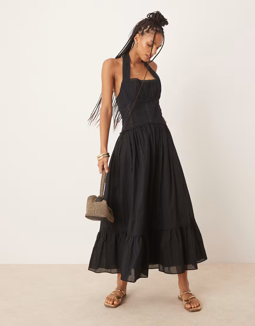 ASOS DESIGN halter neck lace prairie dress with pintucks in black | ASOS (Global)