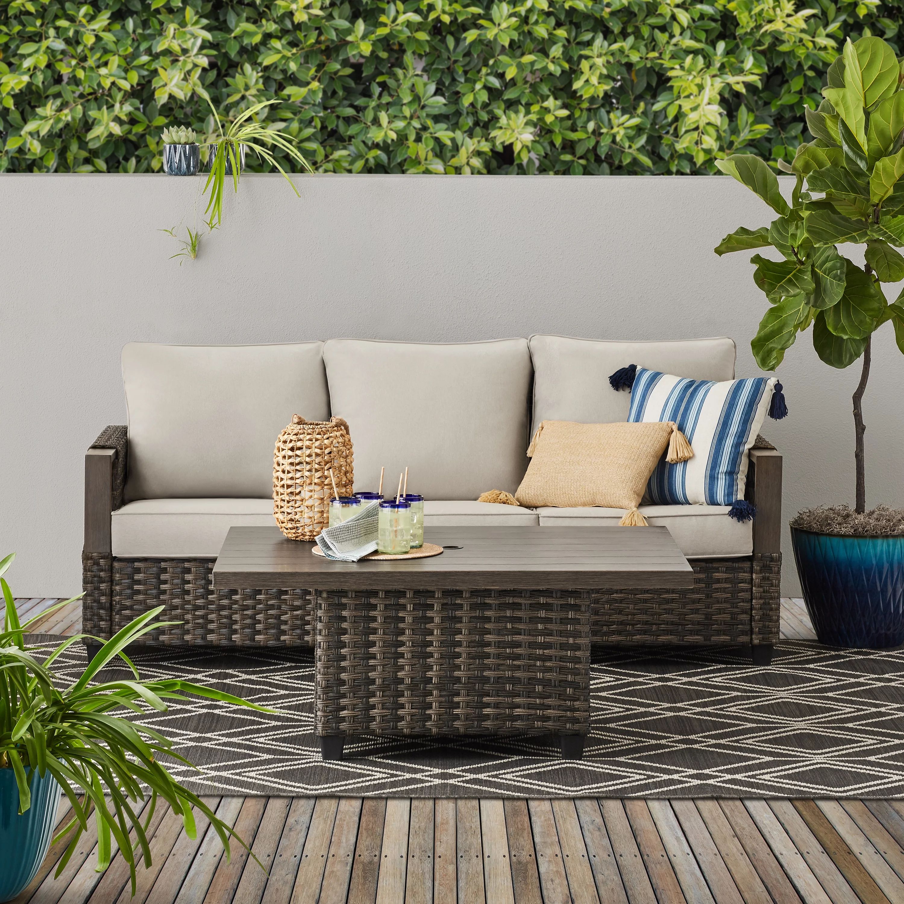 Better Homes & Gardens Sandcrest Seagrass Outdoor Wicker Sofa and Adjustable Height Table Set, Br... | Walmart (US)