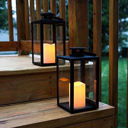 Outdoor Flameless Black Candle Lanterns, Glass Paneled, 11" Height, Warm White LEDs, Remote  & Batte | Amazon (US)