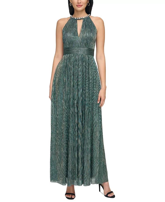 Eliza J Women's Metallic Beaded Halter-Neck Gown - Macy's | Macy's