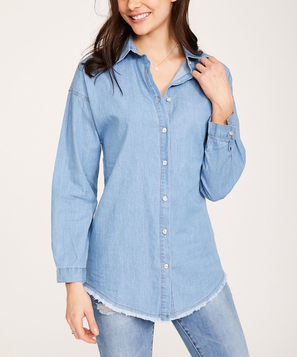 KeepKool Women's Button Down Shirts - Blue Jean Round-Hem Button-Up - Women | Zulily