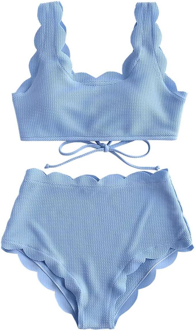 ZAFUL Women's Scalloped Textured Tankini Swimwear, High Waisted Wide Strap Adjustable Back Lace-u... | Amazon (US)