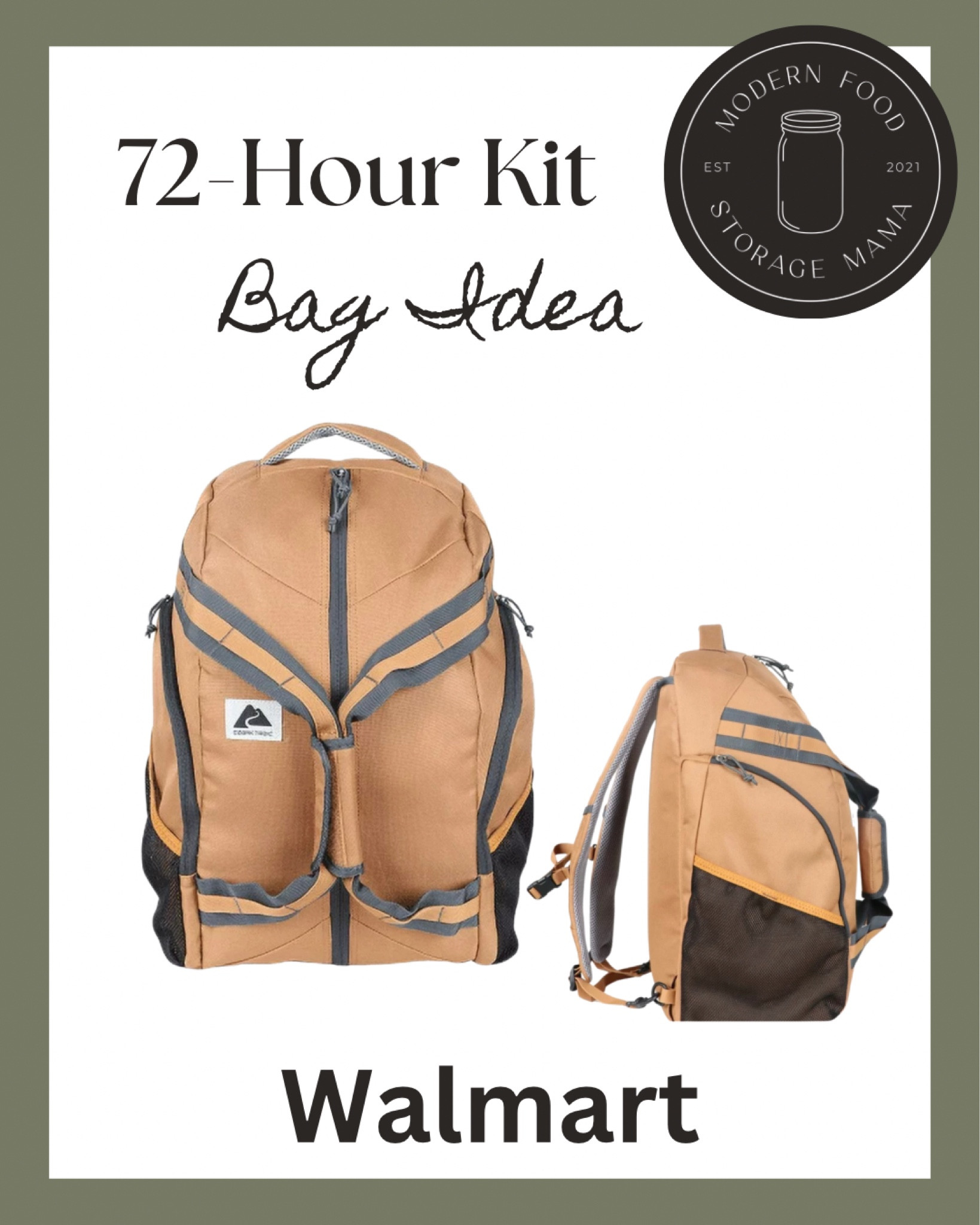 I love this combo backpack-duffle bag to use as a 72-hour kit! It is sturdy and you can carry it on your back or by the handles. 

This bag is also an affordable price. (35 Ltr size)