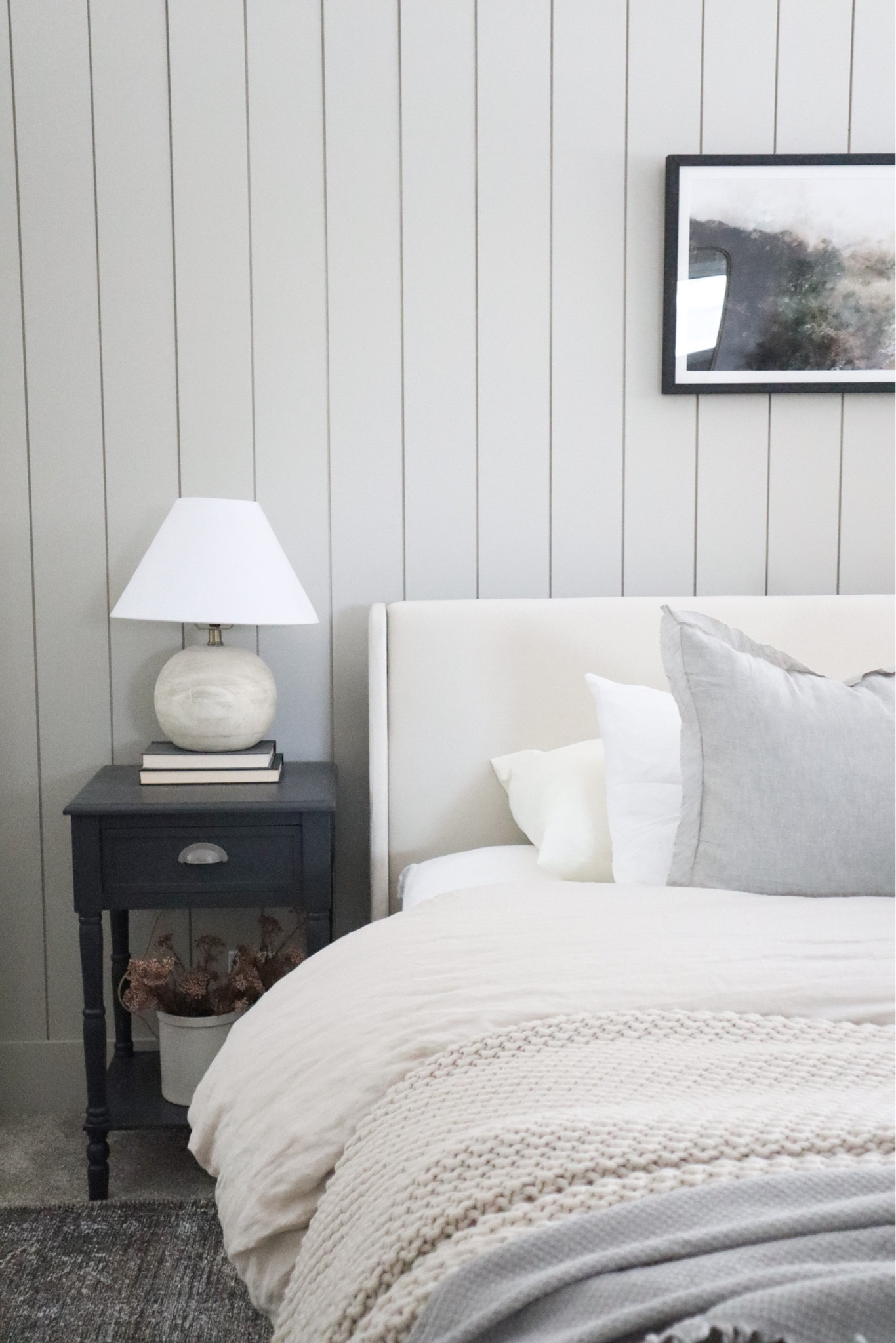 Bedroom decor, nightstand, upholstered bed, linen bedding, table lamp  

#LTKunder100 #LTKstyletip #LTKhome