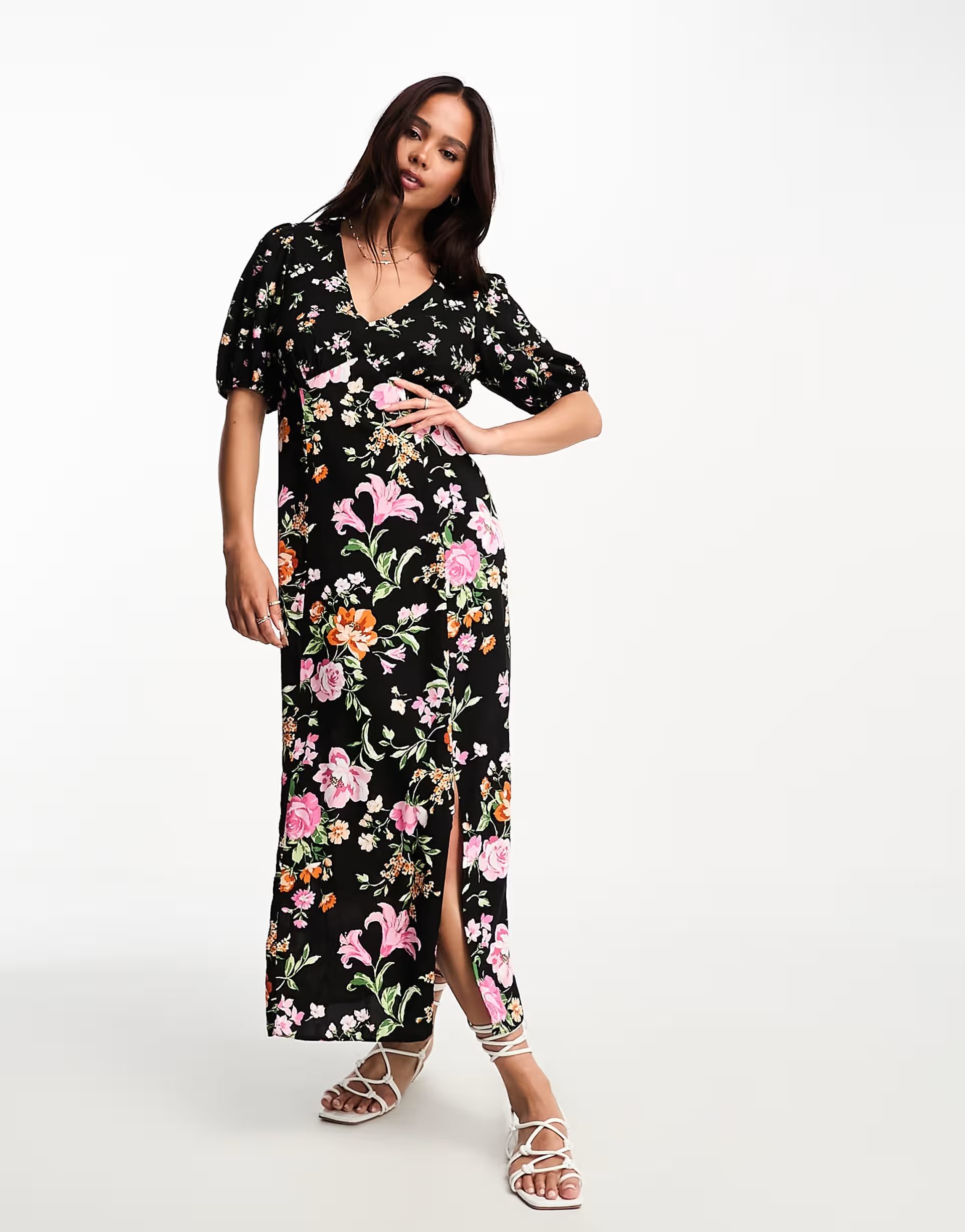 New Look v neck mixed floral midi dress in black | ASOS | ASOS (Global)