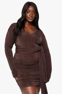 PLUS TEXTURED SLINKY TIE FRONT MINI DRESS | boohoo (US & Canada)