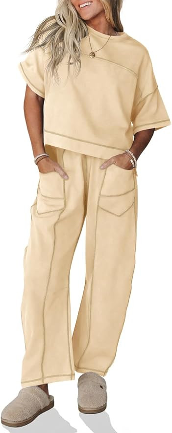 Fisoew Womens 2 Piece Outfits Lounge Sets Short Sleeve Tops and Wide Leg Pants Travel Vacation Ca... | Amazon (US)