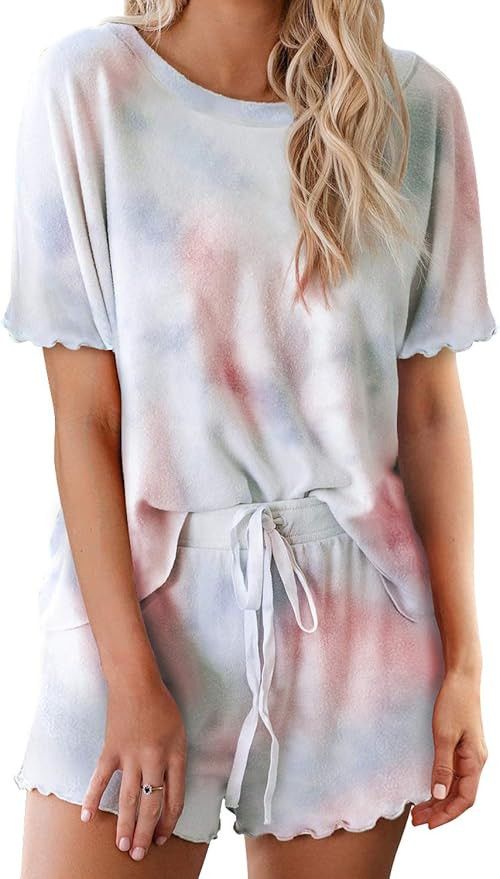 Asvivid Womens Tie Dye Printed Ruffle Short Lounge Set Long Sleeve Tops and Shorts 2 Piece Pajama... | Amazon (US)