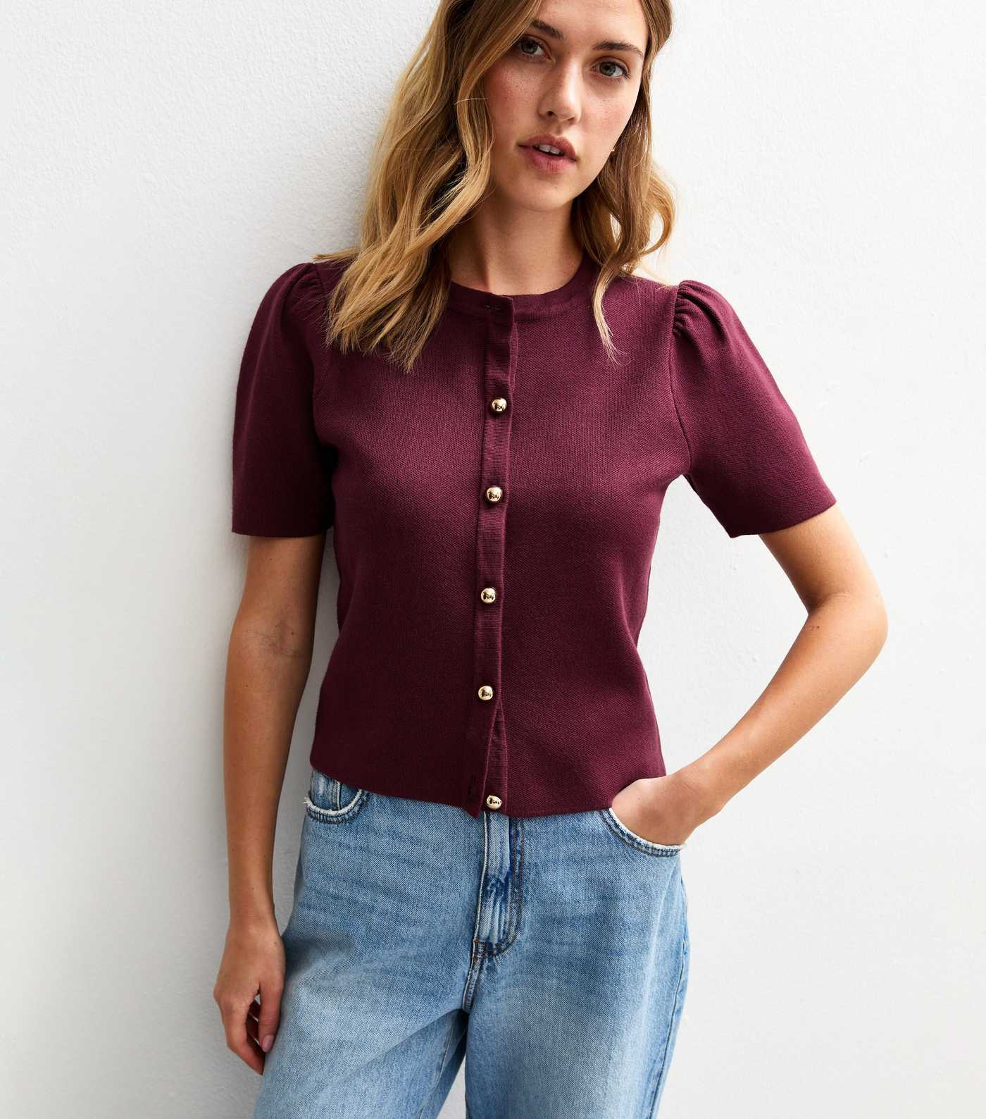Burgundy Short Sleeve Crew Neck Cardigan | New Look | New Look (UK)