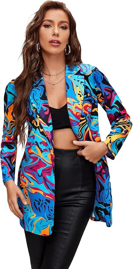 WDIRARA Women's Graphic Print Blazer Button Open Front Long Sleeve Jacket Multicolored | Amazon (US)