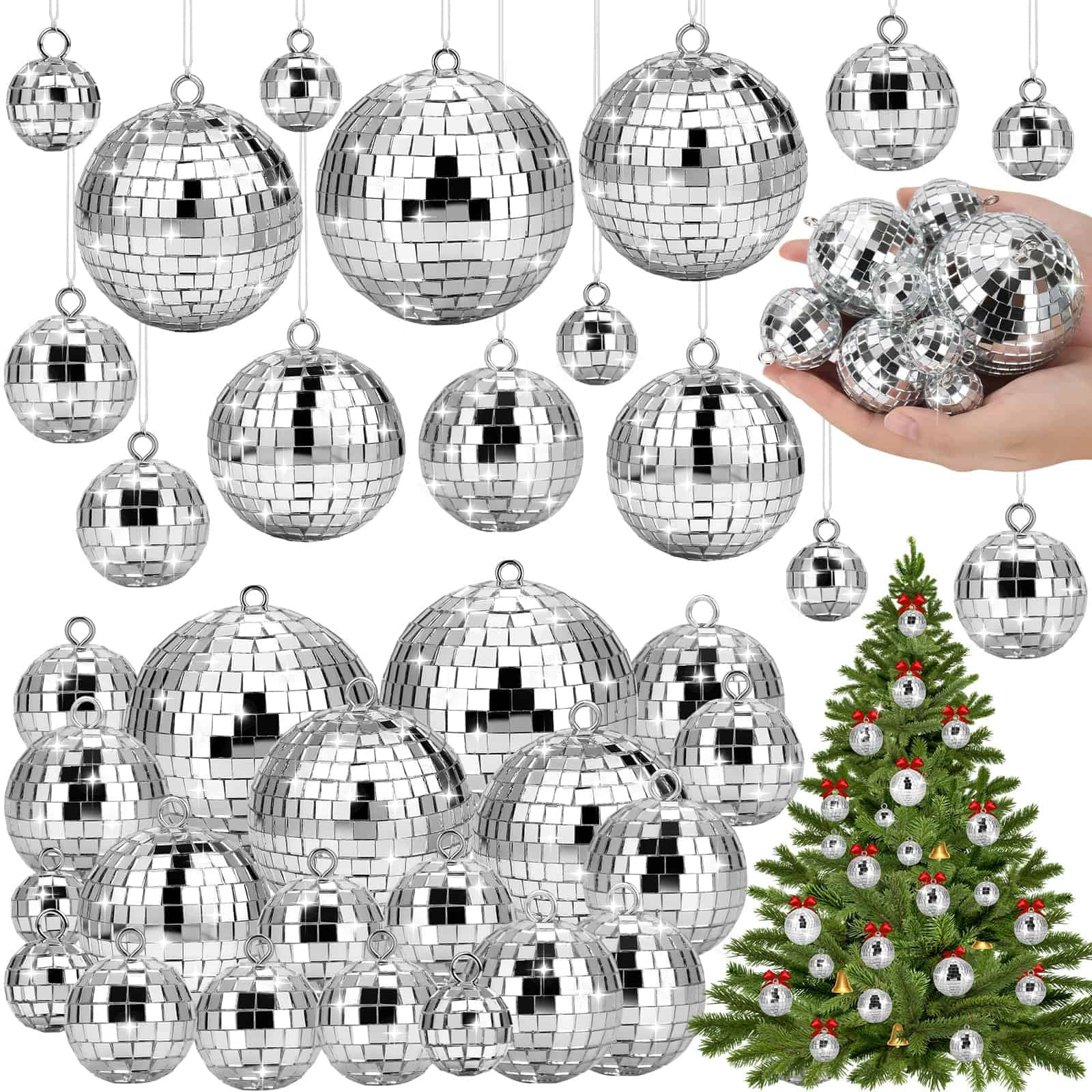 Flasoo 26 Pcs Disco Ball, 5 Sizes Disco Ball Ornaments Mini Mirror Silver Disco Balls Cake Topper... | Amazon (US)