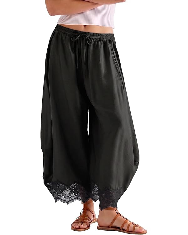 SeeLuNa Comfy Women's Pants Cropped Lace Hem Pants Summer Boho Drawstring High Rise Wide Leg Loun... | Amazon (US)