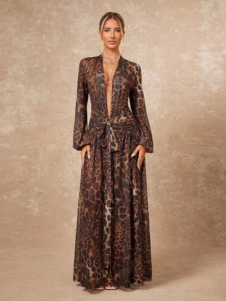 Lumalex Fall Modest Old Money Coquette Glitter Holiday Party Outfit Rave Festival Outing Vacation Bohemian BOHO Outdoor Richly Layered Wedding Season Banquet Coming Of Age Ceremony Leopard Print Mesh Sheer Deep V-Neck Puff Sleeve Flowy Tie-Up Dress For Women Leopard Print Maxi Dress Leopard Print Dress Long Sleeve Maxi Dress Brown Maxi Dress Luxury Maxi Dress,Fall Dresses For Women,Prom Dress,Fall Wedding Guest Dress | SHEIN