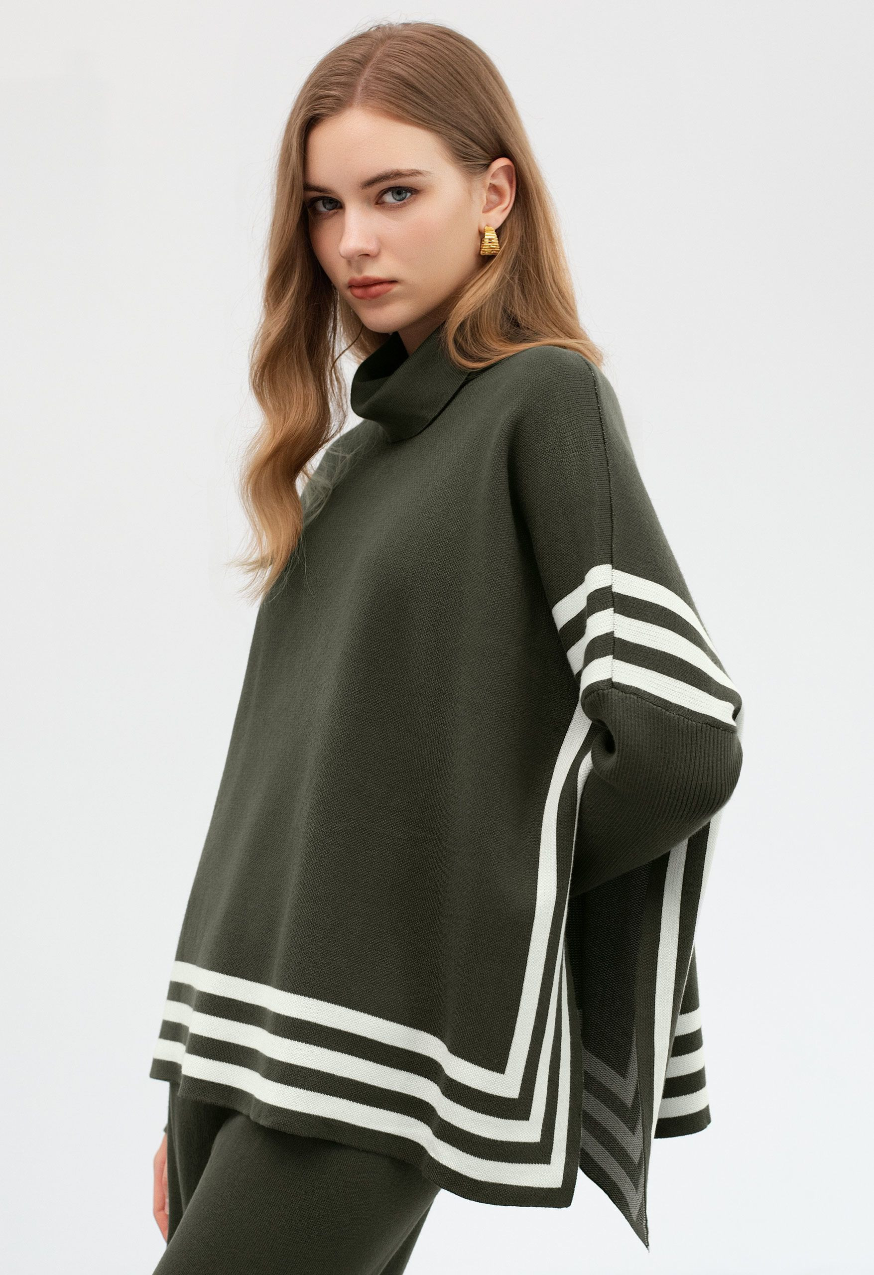 Contrast Stripe Turtleneck Slit Sweater and Pants Set in Olive for Daily Errands & Cozy Home Wear | Chicwish
