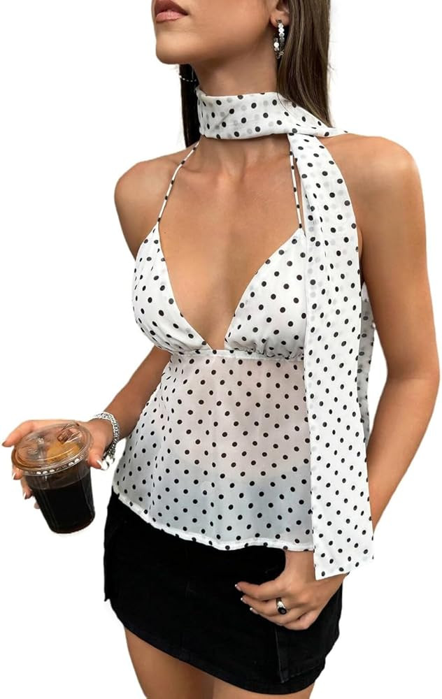 Cioatin Women Y2K Polka Dot Chiffon Mesh Halter Crop Camisole with Scarf Deep V Neck Tie Up Open ... | Amazon (US)
