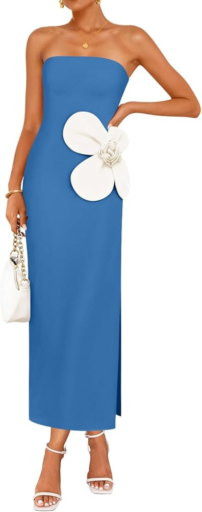 ZESICA Women's Summer Strapless Bodycon Maxi Dress 2025 Ribbed Knit Backless Floral Tube Cocktail... | Amazon (US)