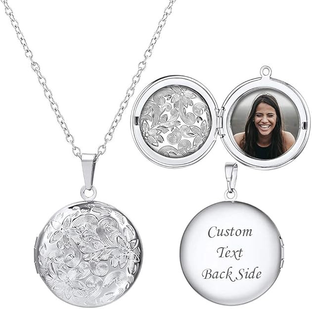 U7 Locket Necklace for Women, Silver/Gold/Rose Gold Custom Photo Text Necklaces, Flower Heart/Rou... | Amazon (US)