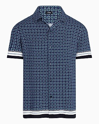 Stripe Bordered Geo Rayon Short Sleeve Shirt | Express
