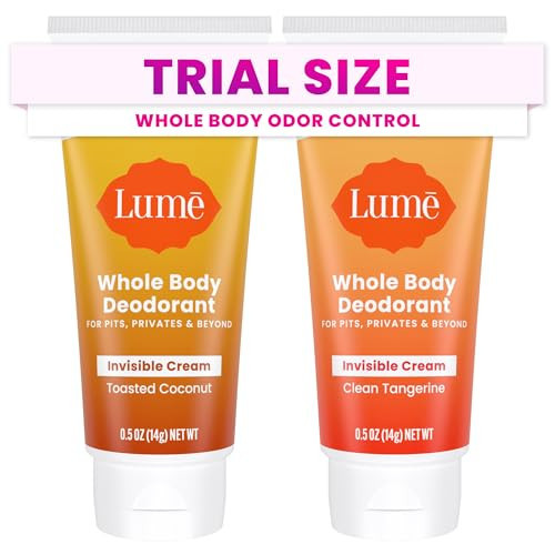 Lume Whole Body Deodorant - Mini Travel Size Invisible Cream Tube - Trial Size - 72 Hour Odor Control - Doctor Developed - Aluminum & Baking Soda Free - .5oz (2 Pk) (Toasted Coconut & Clean Tangerine) | Amazon (US)