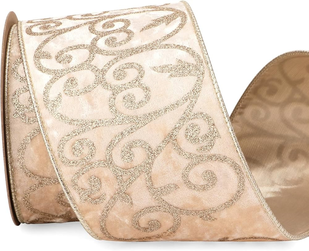 Ribbli Light Champagne Velvet Ribbon Wired with Glitter Swirl 4 Inch Christmas Ribbon for Christm... | Amazon (US)