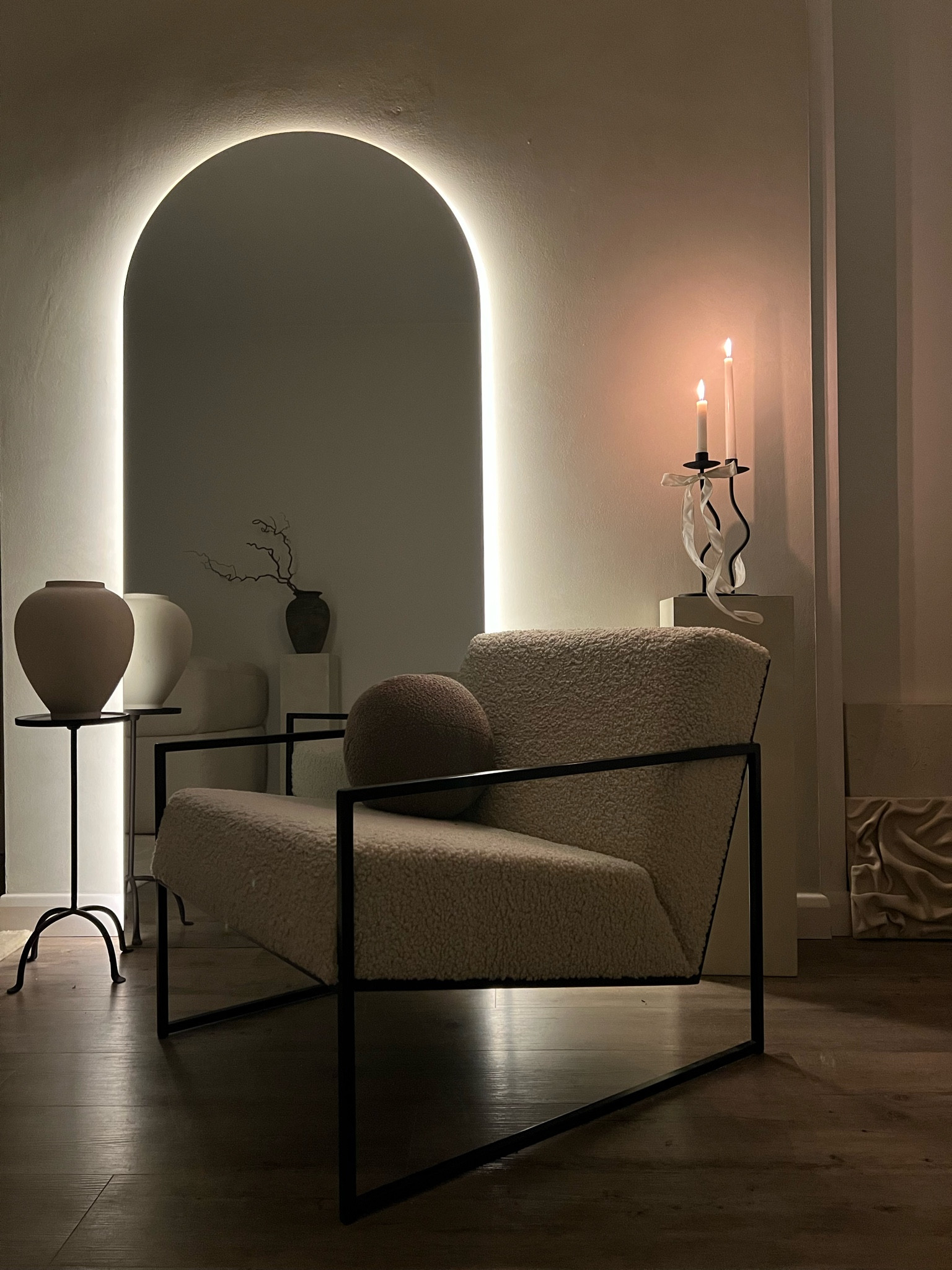 William Wood Edge frameless arch - code HOH for 20% discount 
Mirror | armchair | boucle chair | vase | candlestick | neutrals | home styling 

#LTKhome #LTKuk #LTKstyletip