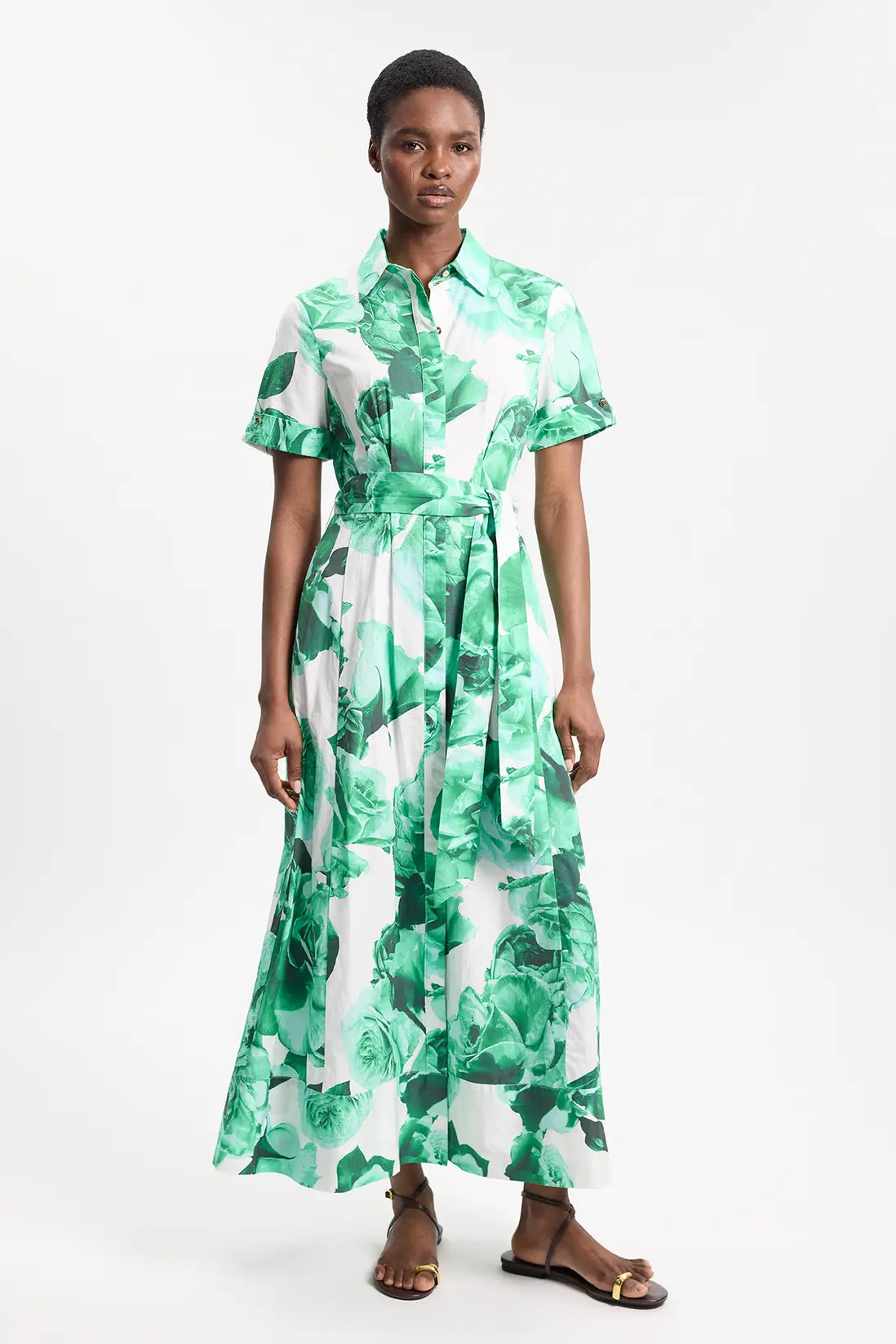 Rose Print Cotton Sateen Floral Woven Belted Maxi Shirt Dress | Karen Millen