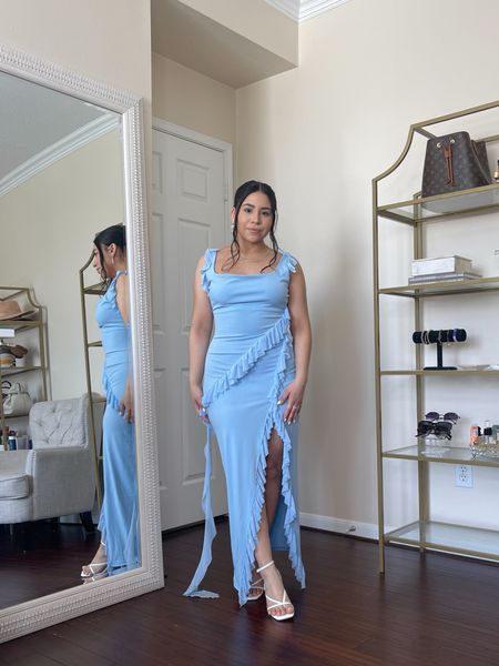 Spring wedding guest dress inspo 
Blue ruffle slit dress: medium 
White strappy heels: 6.5 
Rhinestone earrings 
Gold jewelry 
Paper clip necklace 
Baguette ring 

#LTKstyletip #LTKwedding #LTKfindsunder50