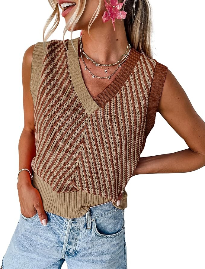 MARZXIN Womens Sleeveless Sweater V Neck Casual Strawberry Pink Contrast Chevron Knit V Neck Swea... | Amazon (US)