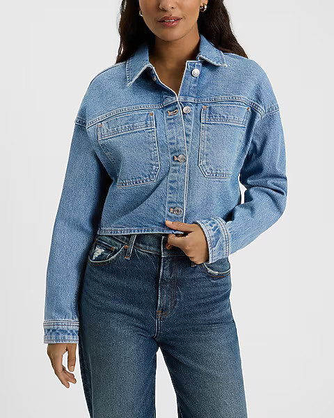 Medium Wash Cropped Denim Shacket | Express