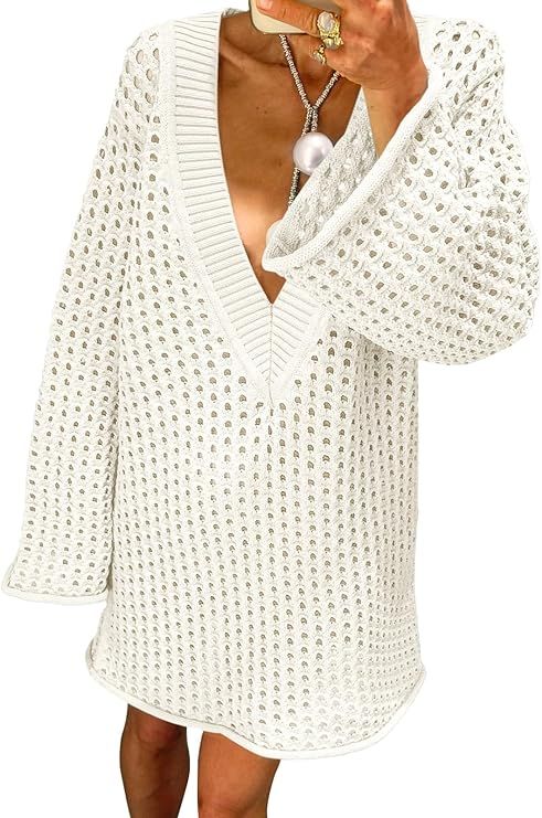 Saodimallsu Women Crochet Coverup Deep V Neck Long Sleeve Oversized Hollow Out Sweater Bathing Su... | Amazon (US)