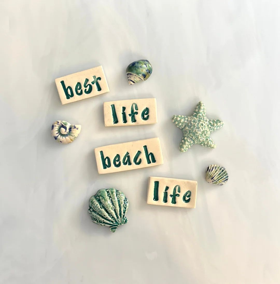 Ceramic Word and Seashell Tiles, 9pcs, Best Life Beach Life Words, Variety of Seashells, Blues an... | Etsy (US)