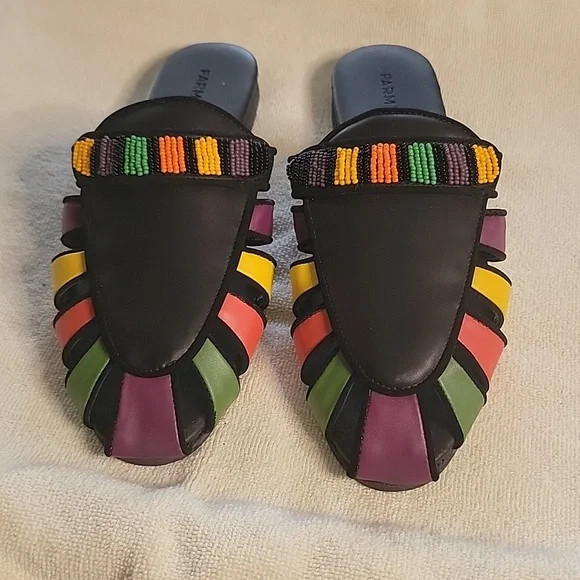 Farm Rio Black Rainbow Beaded Mule Vegan Leather Colorful Size 41 | Poshmark