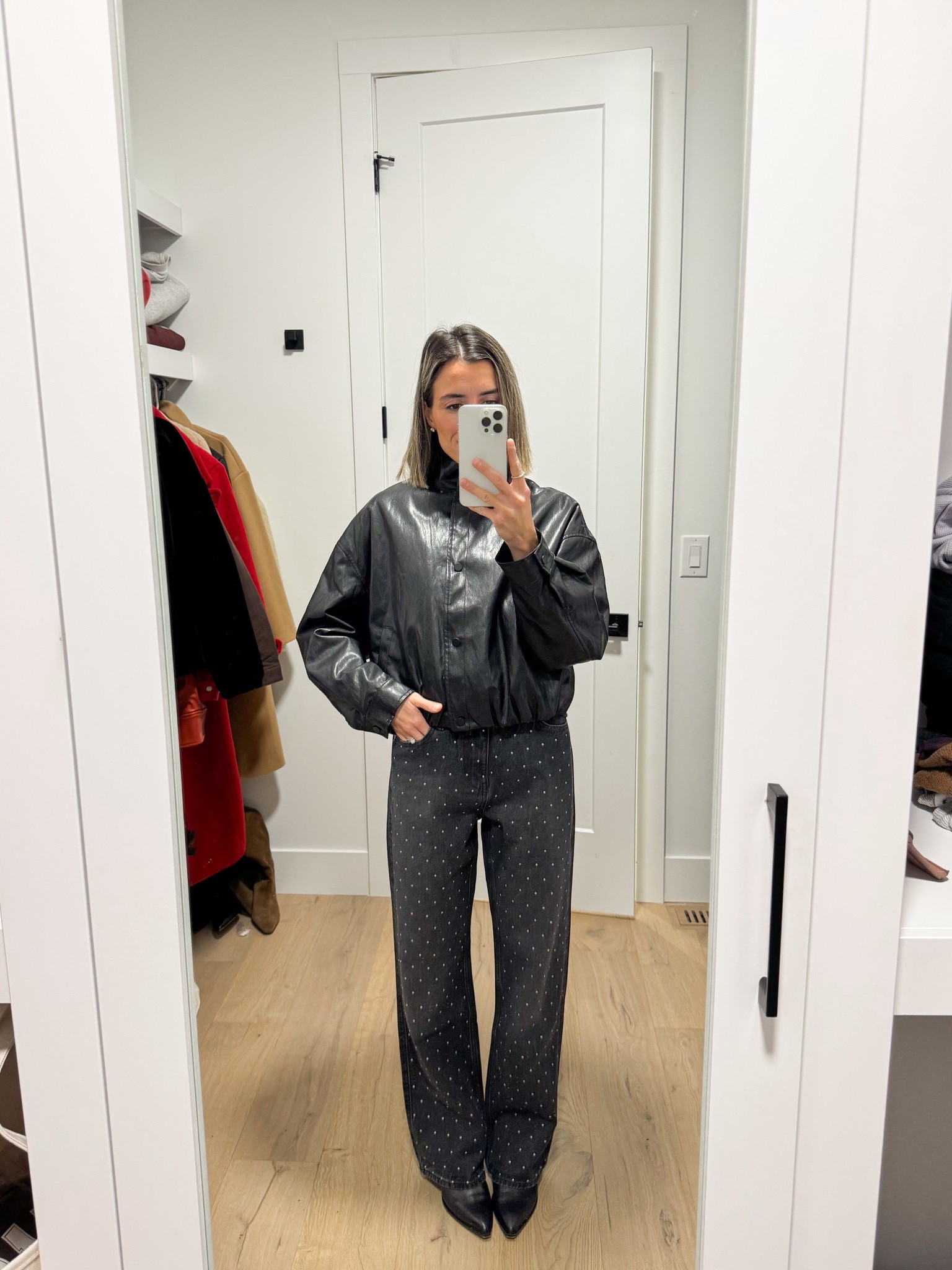 Studded jeans run big size 25 
Jacket size small (runs small) 

#LTKFindsUnder100