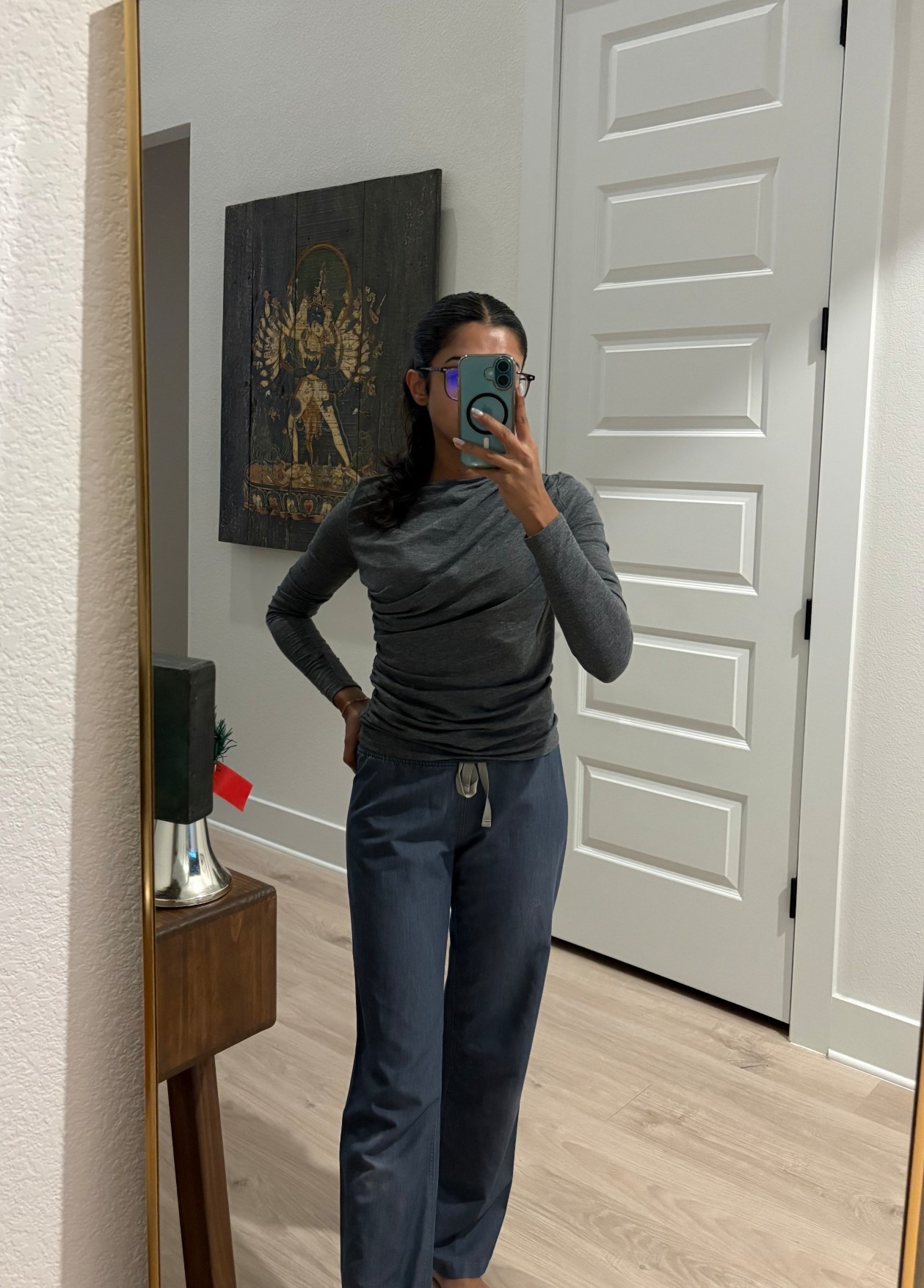 A cozy petite friendly work from home outfit featuring a draped top from Halara in XS, scrub pants from Figs in XS  

#LTKdayinmylife #LTKPetite #LTKootd