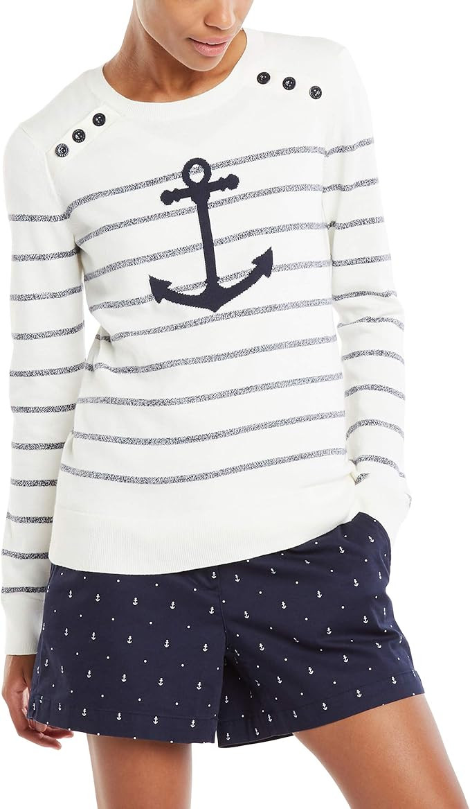 Nautica Women's Voyage Long Sleeve 100% Cotton Striped Crewneck Sweater | Amazon (US)
