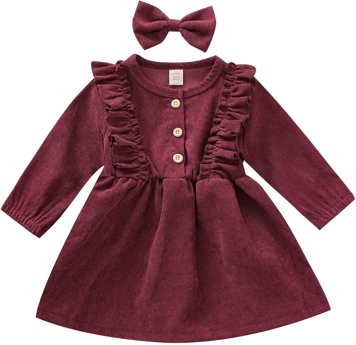YQYJA Toddler Baby Girls Fall Winter Corduroy Ruffle Long Sleeve Dress Headband Kids Dresses | Amazon (US)